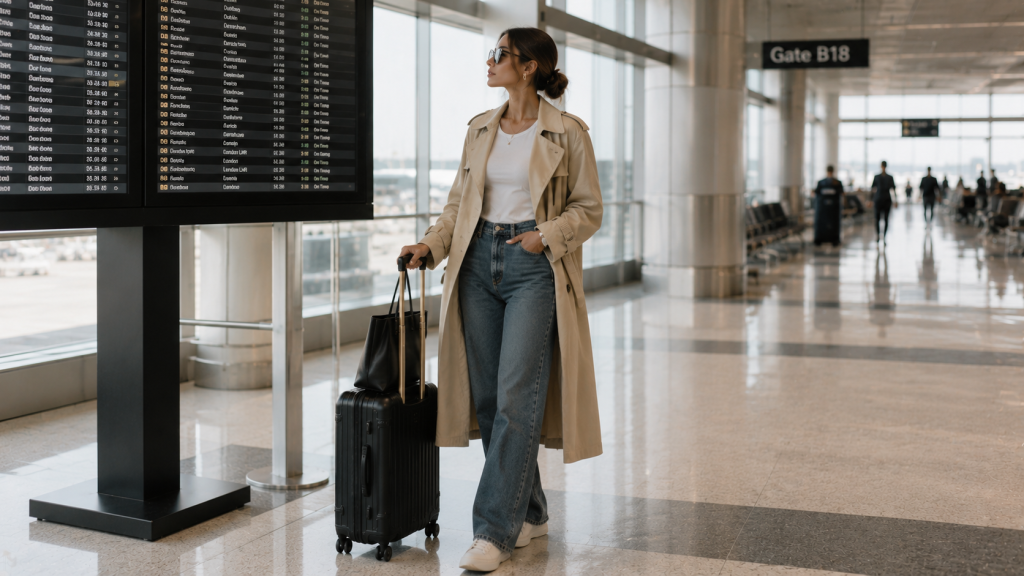 Straight leg jeans and classic trench coat travel outfit