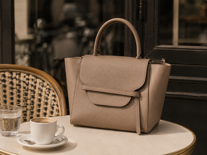 structured minimalist taupe leather handbag