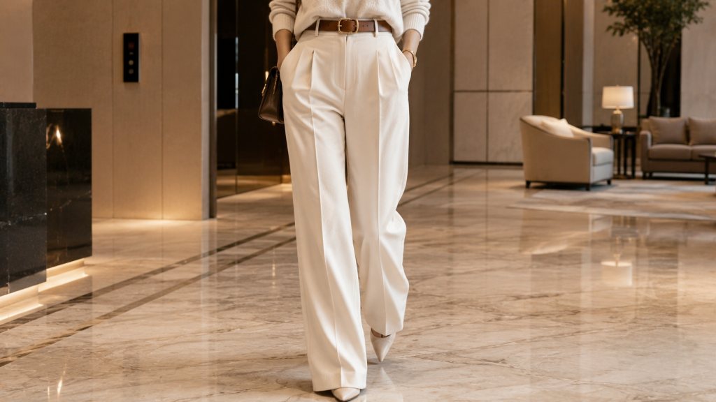 High-waisted cream tailored trousers old money style