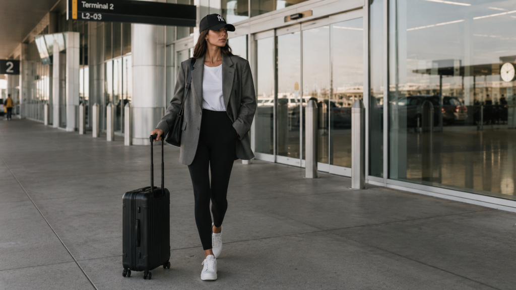 Black leggings and oversized blazer comfortable airport style