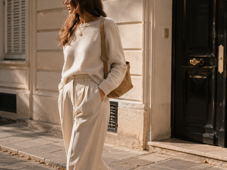woman wearing monochrome cream neutral outfit