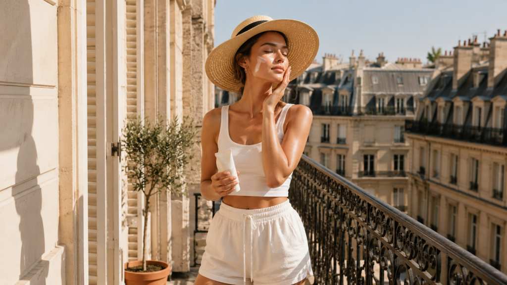 Woman applying daily SPF sunscreen for healthy glowing skin