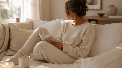 comfortable matching cream ribbed knit lounge set