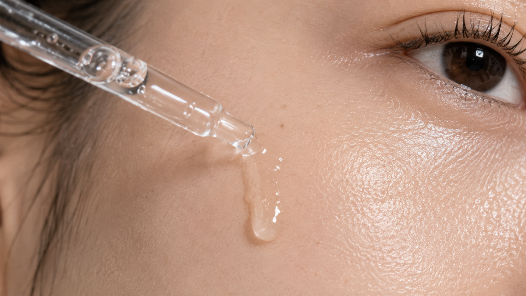 Applying hyaluronic acid serum for plump glass skin