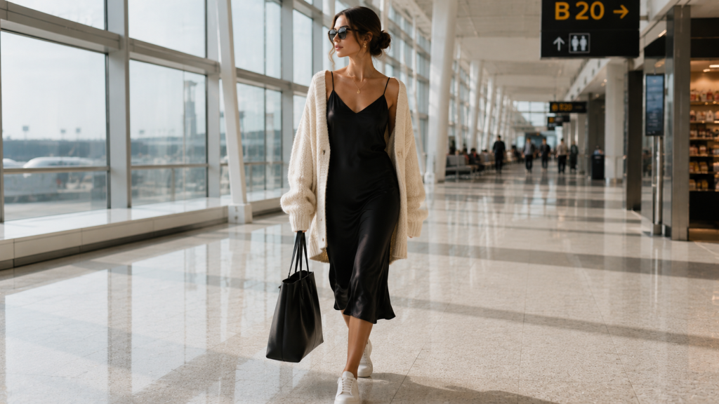 Maxi slip dress layered with a sweater chic airport aesthetic