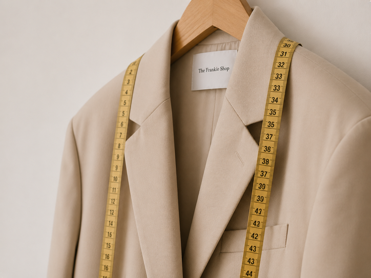 tailoring measuring tape on beige blazer