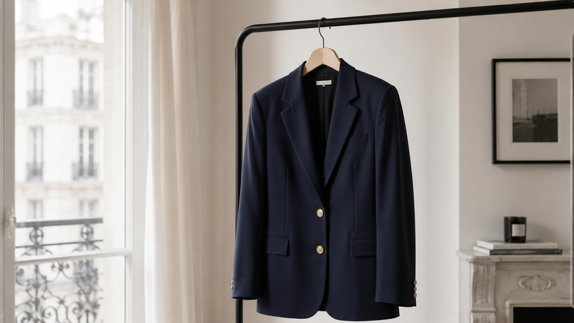 tailored navy blazer hanging minimalist