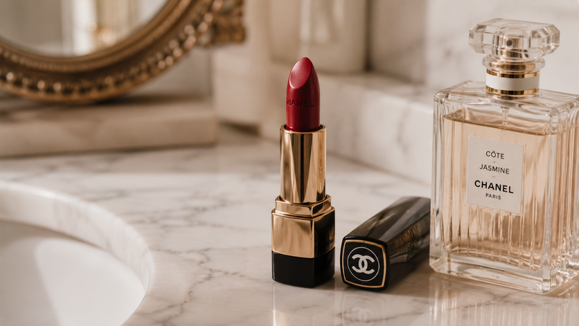 classic red lipstick marble vanity aesthetic