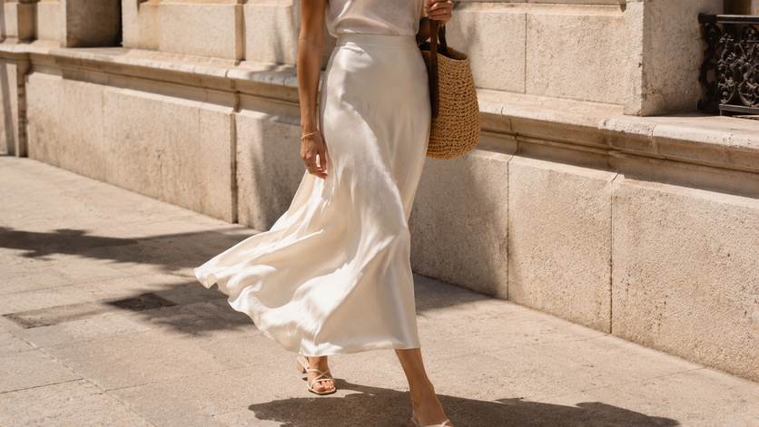 flowy cream silk midi skirt summer outfit
