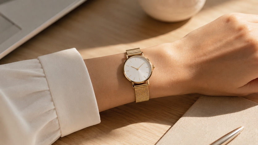 sleek minimalist gold watch on a woman's wrist