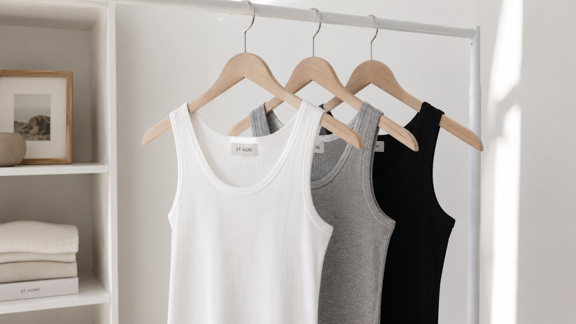 white grey and black ribbed tank tops on a clothing rack