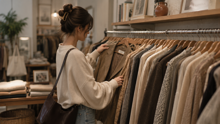 student shopping for budget vintage clothes at a thrift store