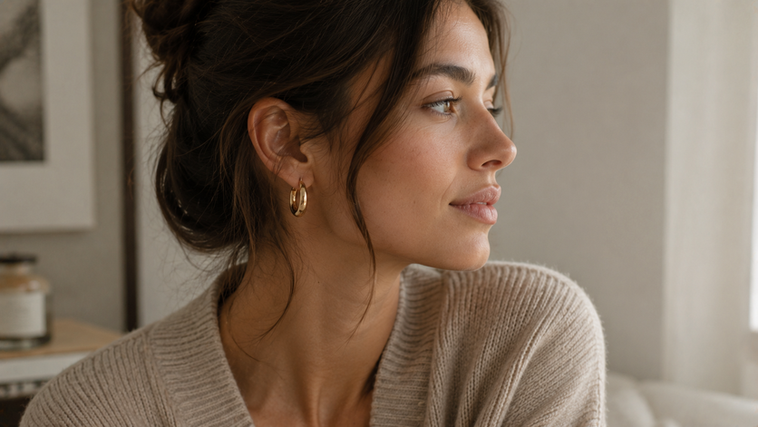 woman wearing small classic gold hoop earrings minimalist style