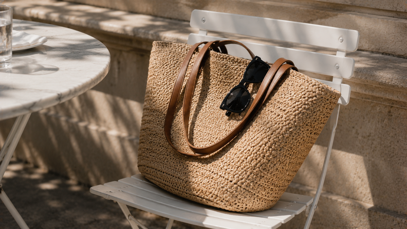 woven straw tote bag with sunglasses on a chair