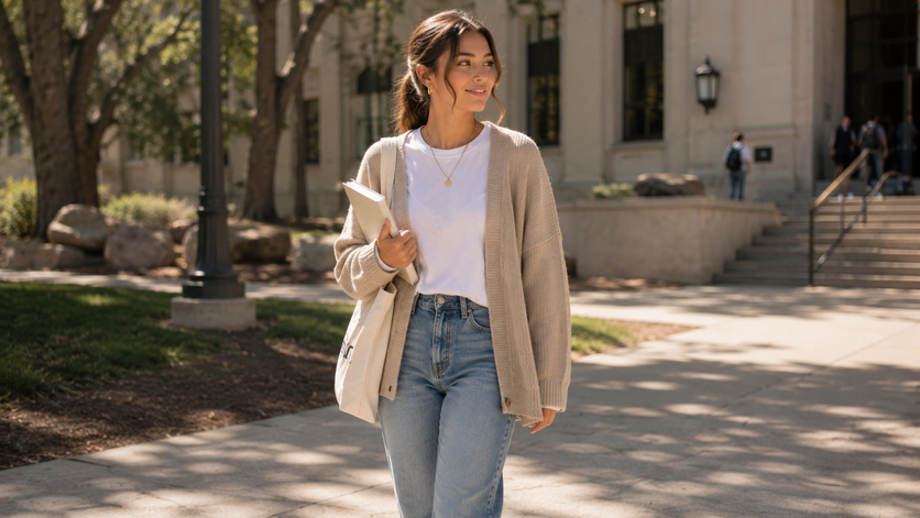 minimalist campus outfit with jeans and oversized cardigan
