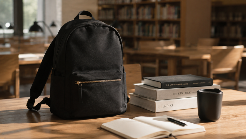 minimalist black canvas backpack on library table